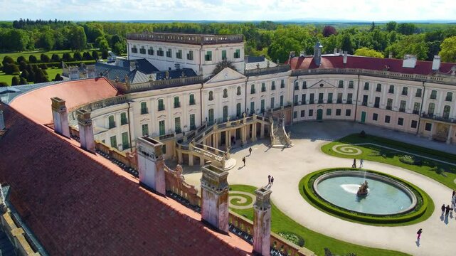Esterhazy palace in Fertod, Hungary, aerial drone panoramic view