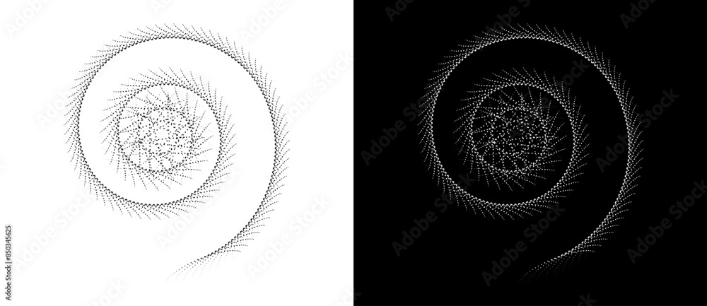 Poster halftone dots in spiral. modern abstract background. design element or icon, logo. black shape on a 