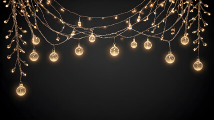 Christmas lights isolated. Glowing garlands on transparent dark background. Realistic luminous elements. Bright light bulbs for poster, card, brochure or web.