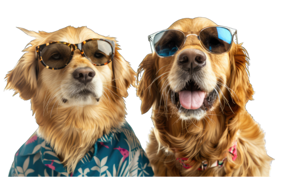 Two happy golden retriever dogs are posing on a transparent background, one wearing a tropical shirt and the other a pink collar - Powered by Adobe