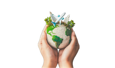 Pair of hands gently cradling a green globe with miniature buildings and an airplane, symbolizing the importance of sustainable travel and environmental responsibility