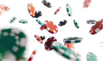 Red, green, and black casino chips are flying through the air on a transparent background. This image would work well for a casino, gambling, or game night