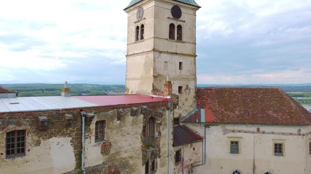 Tower of Gussing castle in Burgeland, Austria, flying close to tower