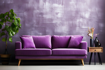 Obraz premium Purple Sofa with pillow standing and plant pot with decorative plants on side in light purple living room interior. Modern living room interior. For receiving guests or relaxing.