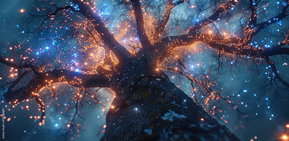 Poster Beautiful illuminated tree with branches showing. Cosmic background. low angle view. Generative AI.