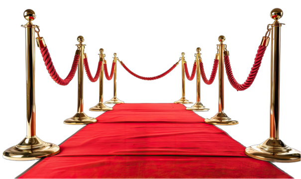 Red carpet is leading to a line of golden stanchions, suggesting a prestigious event, a movie premiere, or an exclusive celebration