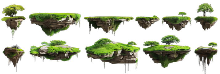 Collection of mossy terrain islands with grass and trees, floating in the air on a white background. Perfect for photo manipulations, matte painting and digital compositing