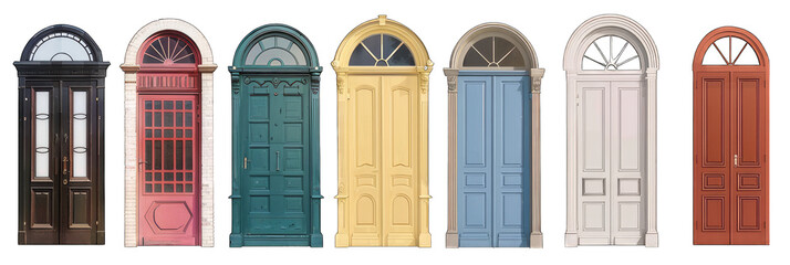 Seven colorful vintage doors are standing closed, showing off their architectural details and offering a sense of mystery and possibility