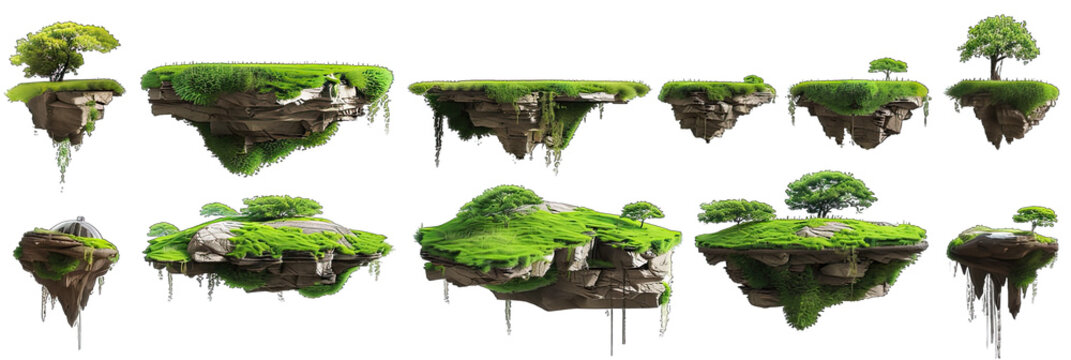 Collection of mossy terrain islands with grass and trees, floating in the air on a white background. Perfect for photo manipulations, matte painting and digital compositing