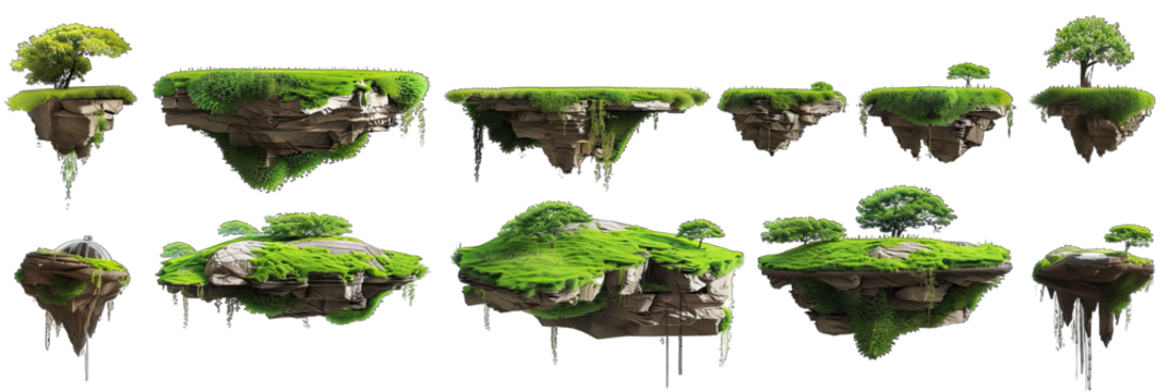 Collection of mossy terrain islands with grass and trees, floating in the air on a white background. Perfect for photo manipulations, matte painting and digital compositing