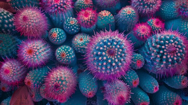 A close-up image of a variety of brightly colored cacti. The cacti are mostly blue and pink,  with some yellow and green.