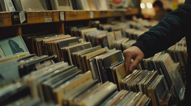 A hand is holding a CD in a music store.