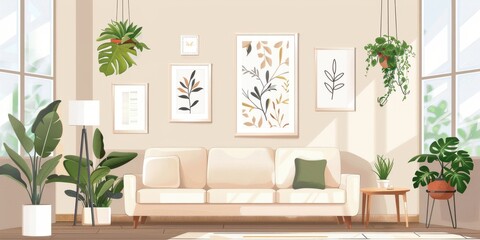 an architectural section cut of interior design of a modern style designed living room, long living room, with indoor living plants, beige color sofa centered, wood furnitures with minimal style