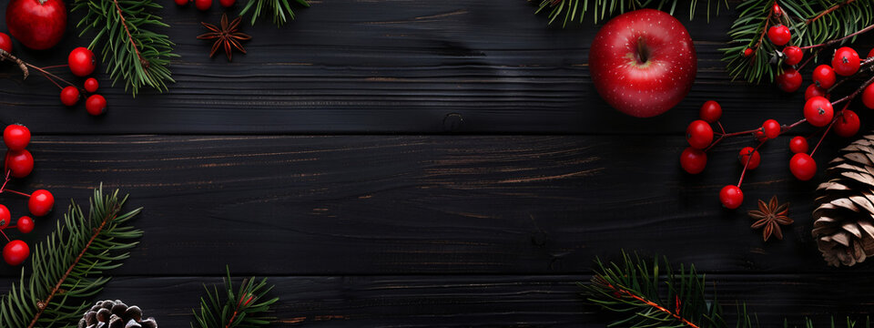 Christmas background with a dark wooden table and pine branches, red berries and apples