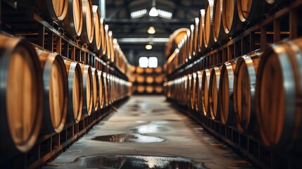 M gps of whiskey barrels in an industrial warehouse with high ceilings and rows stretching into the distance The photo is taken from front