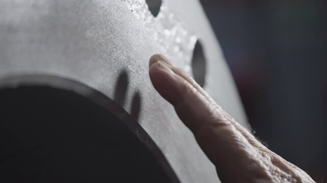 Maintenance Engineer inspects industrial valve flange quality by finger touch