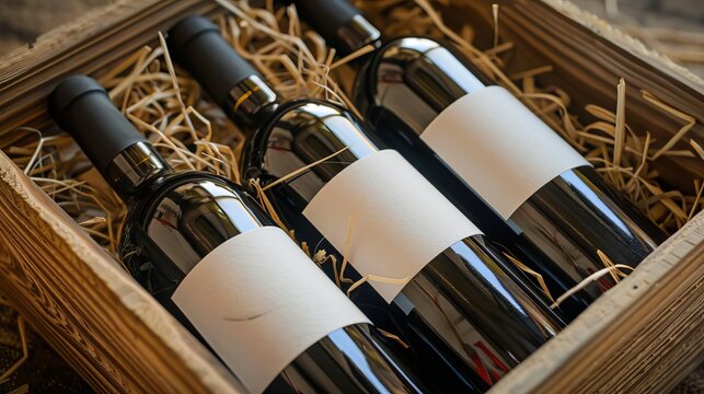 Close up of red wine bottles in a wooden box with straw White blank labels on the bottles Wine boxes for delivery and advertising of different types of luxury wine in the style of