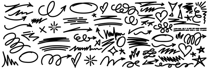 Hand drawn doodle elements, dynamic, organic strokes and creative doodles. Original vector illustrations, strikethrough and squiggles lines asset
