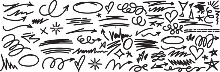 Hand drawn doodle elements, dynamic, organic strokes and creative doodles. Original vector illustrations, strikethrough and squiggles lines asset