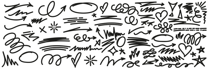 Hand drawn doodle elements, dynamic, organic strokes and creative doodles. Original vector illustrations, strikethrough and squiggles lines asset