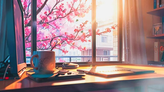 leptop and cup of coffee on the window with cherry blossoms in summer in cartoon or anime style. seamless looping time lapse virtual 4k video animation background