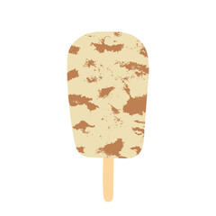 Vector ice cream on a stick illustration. Vanilla popsicle with chocolate or salted caramel swirls isolated on white background. Summer frozen dessert in modern flat style with hand drawn texture