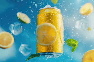 yellow blank drink can and slices of lemon, ice cubes flying in the air on blue background 