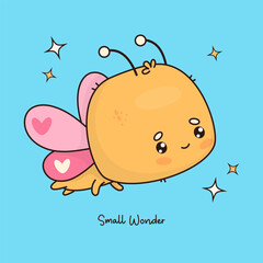 Funny flying butterfly character. Cute cartoon insect kawaii. Vector illustration. Cool card. Kids collection.