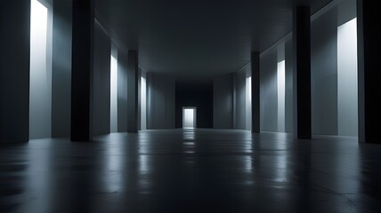 a dark hallway with a door open to the light