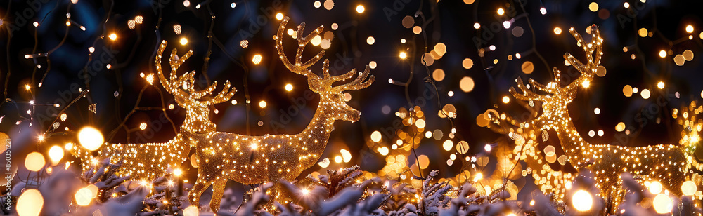 Poster A dazzling display of Christmas lights on reindeer figures, festive and bright. Generative AI.