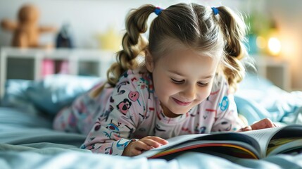 Happy smiling girl with pigtails lying on the bed in pajamas and reading a book at home