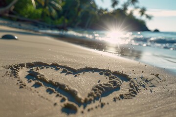 Heart drawn in sand at the beach. Generative Ai