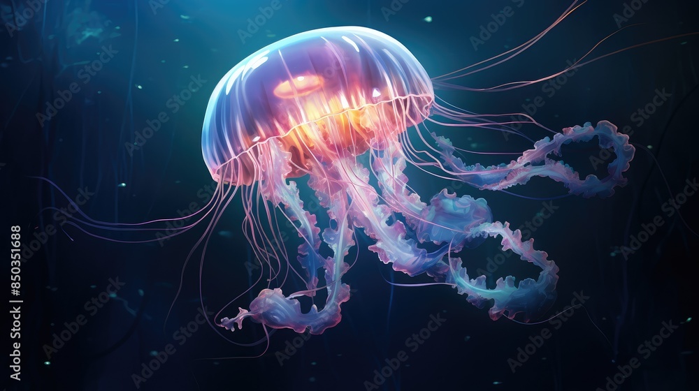 Wall mural Luminescent jellyfish glowing underwater