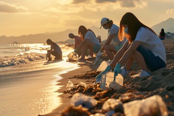 Beach Cleanup. Volunteers in Action at Sunset. Group of volunteers cleaning up a polluted beach. Plastic pollution awareness