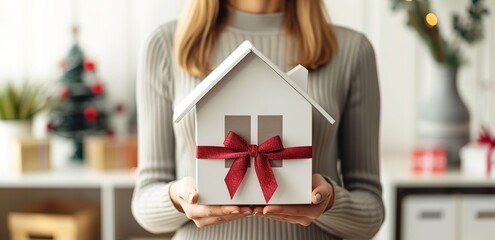 A person carrying a white miniature house with a red ribbon on a blur effect background