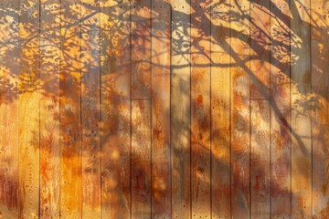 Sunlit wooden fence with natural shadows and tree silhouettes, creating a rustic and artistic pattern in an outdoor environment, Generative AI