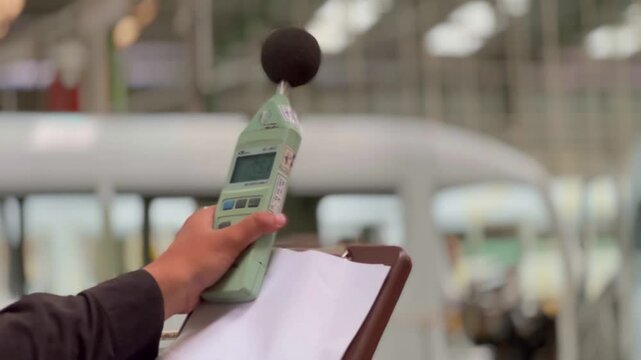 Experts are carrying out noise measurements in the company's production room. Close up shot of hand holding sound meter.