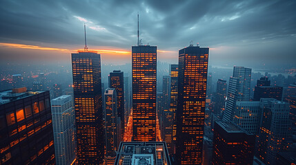Fototapeta premium Cityscape View of Skyscrapers at Sunset