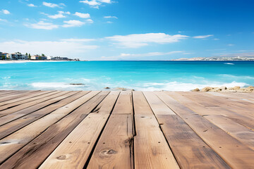 Fototapeta premium Empty brown wooden floor or table with landscape sea blue and white beach, rocks, cloud sky and bright sunlight with is blur background. Realistic nature summer clipart template pattern.