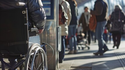 At a crowded train station a wheelchair user quickly charges their device at a solarpowered station conveniently located near the entrance.