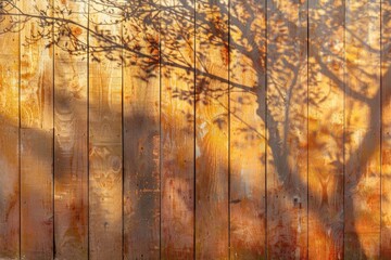 Obraz premium Sunlit wooden fence with natural shadows and tree silhouettes, creating a rustic and artistic pattern in an outdoor environment, Generative AI