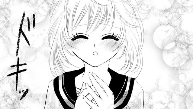 少女漫画のセーラー服女子高生が真剣な表情で話しかけるモノクロアニメーション