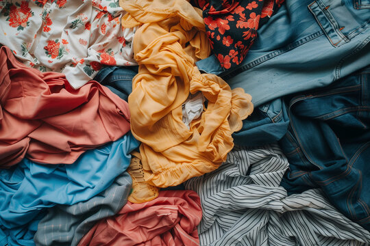 discarded pile of clothes representing fast fashion and the overconsumption of goods