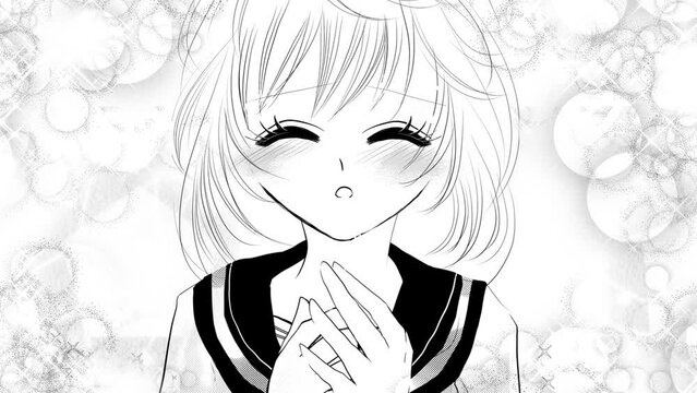 少女漫画のセーラー服女子高生が真剣な表情で話しかけるモノクロアニメーション