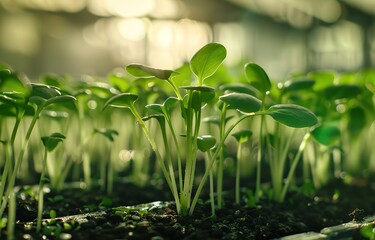 A group of hydroponic plants in a field with a blur effect background