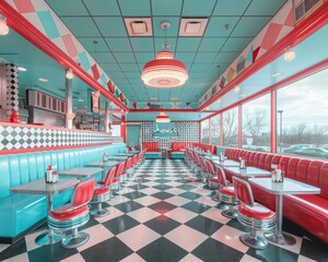 Step into a vibrant classic diner adorned with retro decor that exudes nostalgic charm and a lively atmosphere