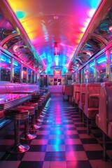 Step back in time to a vibrant retro diner, where neon lights illuminate the night with a radiant glow, creating a nostalgic ambiance that beckons patrons to indulge in classic comfort food