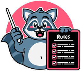 A Cartoon Raccoon Carrying a Rule Board