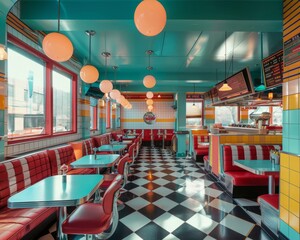 Step into a vibrant classic diner adorned with retro decor that exudes nostalgic charm and a lively atmosphere