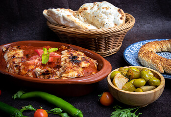 Turkish_Iskandar Shawarma Meat With Souce, bread and olive. 